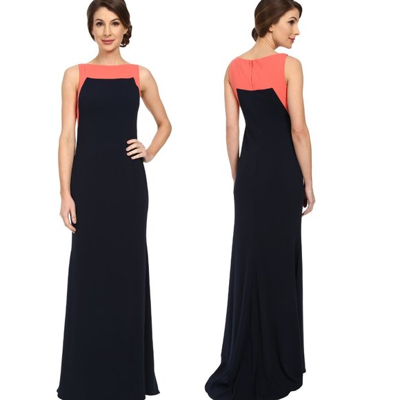 NWT BADGELY MISHCKA Women's Navy Peach Maxi Dress 2 XS Long Gown Wedding Evening - Picture 4 of 11